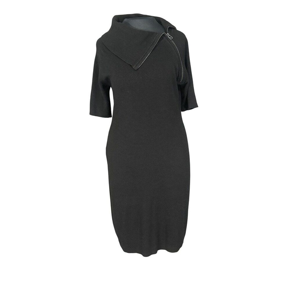 Calvin Klein Black Knit Asymmetrical Zipper Dress Womens M Acrylic Short Sleeve